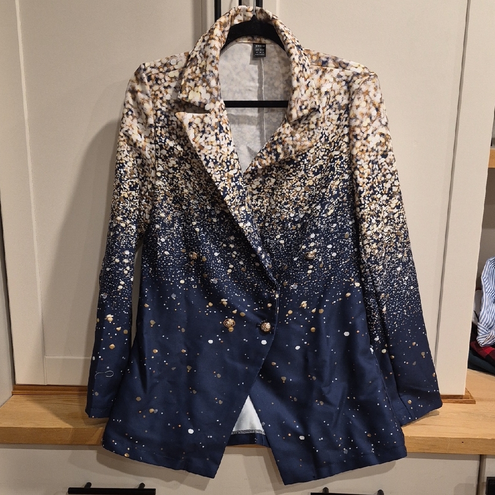 SHEIN Navy Blue and Gold Ombre Speckled Double-Breasted Blazer